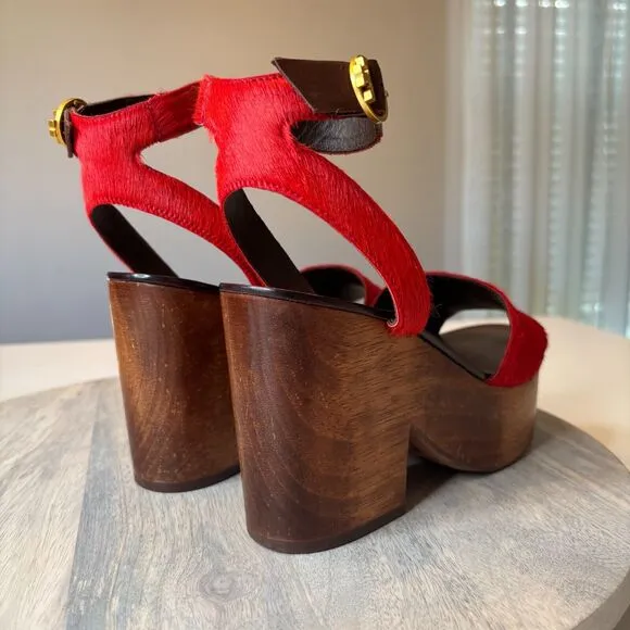 Tory Burch Women's Camilla Exotic Red Haircalf Sandals Heels US Size 7 M w/ Box