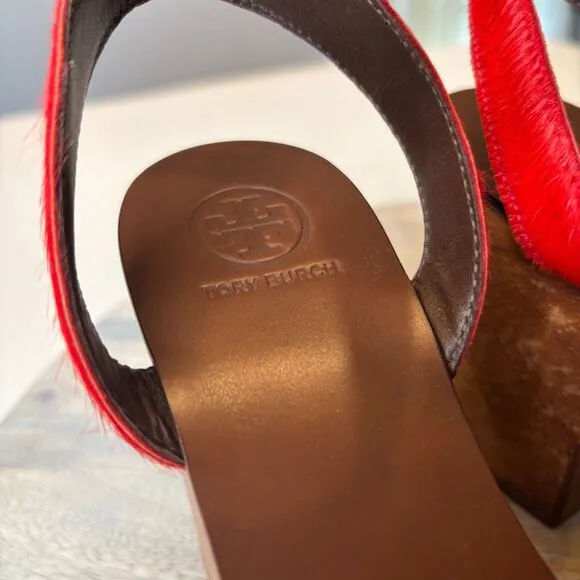 Tory Burch Women's Camilla Exotic Red Haircalf Sandals Heels US Size 7 M w/ Box