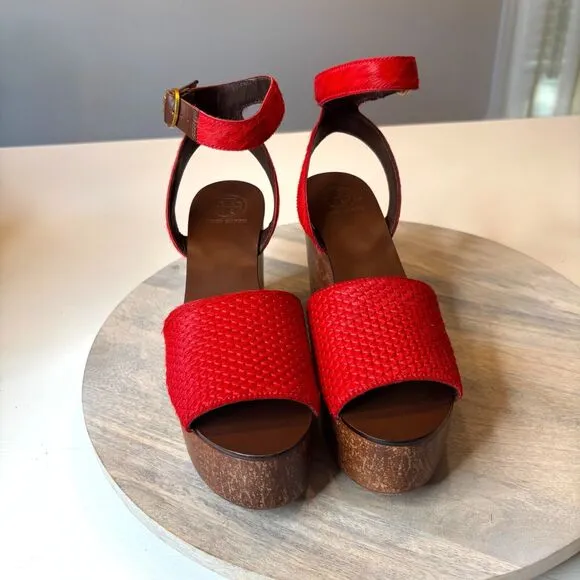 Tory Burch Women's Camilla Exotic Red Haircalf Sandals Heels US Size 7 M w/ Box