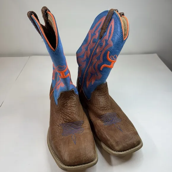 Twisted X Youth Cowboy Boots YHY0001 Brown Blue Leather Neon Stitching Size 3M