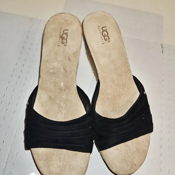 Ugg 3100 Alvina Wedge Sandals Slides Black Leather Suede Womens Shoes Size 9