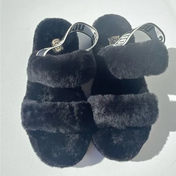 UGG black fluff slip on sandals furry 7