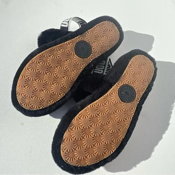 UGG black fluff slip on sandals furry 7