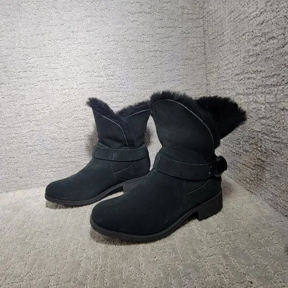 UGG Bodie Womens Size 8.5 US Black Suede Shearling Lined Fold Over Slouch Boots