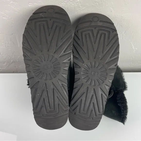 Ugg Boots Nash Winter Snow Solid Black Leather Sheepskin Big Buckle Metal Detail