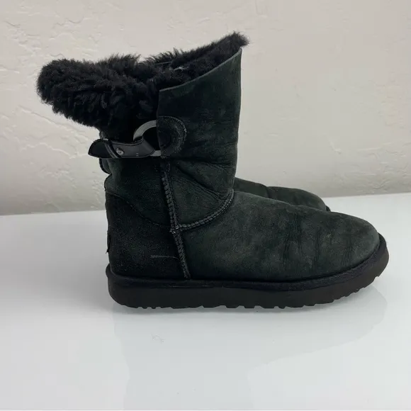 Ugg Boots Nash Winter Snow Solid Black Leather Sheepskin Big Buckle Metal Detail