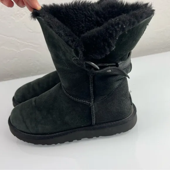 Ugg Boots Nash Winter Snow Solid Black Leather Sheepskin Big Buckle Metal Detail