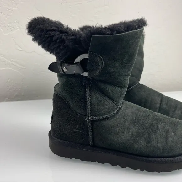 Ugg Boots Nash Winter Snow Solid Black Leather Sheepskin Big Buckle Metal Detail