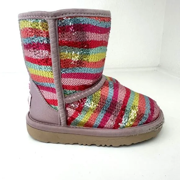 UGG Classic Kids Sequined Rainbow Stripe Boots Size 9 Youth Good Condition Cozy