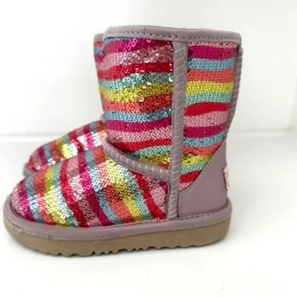 UGG Classic Kids Sequined Rainbow Stripe Boots Size 9 Youth Good Condition Cozy