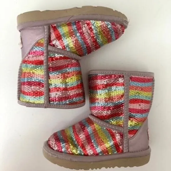 UGG Classic Kids Sequined Rainbow Stripe Boots Size 9 Youth Good Condition Cozy
