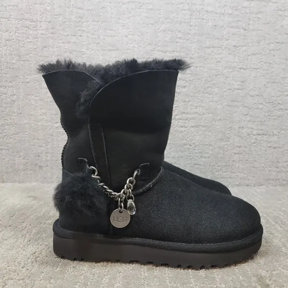UGG Classic Mini Women's Size US 5 Black Sheepskin Chain Logo Strap Boots NEW