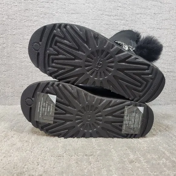 UGG Classic Mini Women's Size US 5 Black Sheepskin Chain Logo Strap Boots NEW