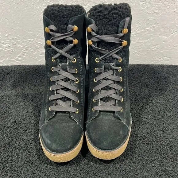 🔥🔥 UGG KIERNAN BLACK SUEDE SHEEPSKIN WEDGE ANKLE BOOTS Women Sz 9 - PERFECT