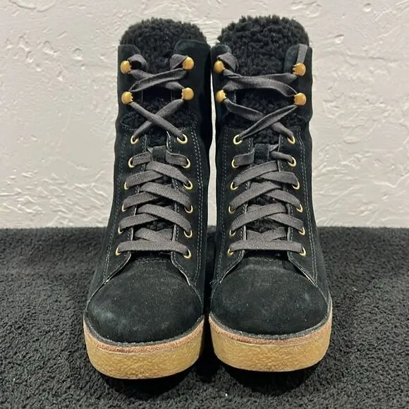 🔥🔥 UGG KIERNAN BLACK SUEDE SHEEPSKIN WEDGE ANKLE BOOTS Women Sz 9 - PERFECT