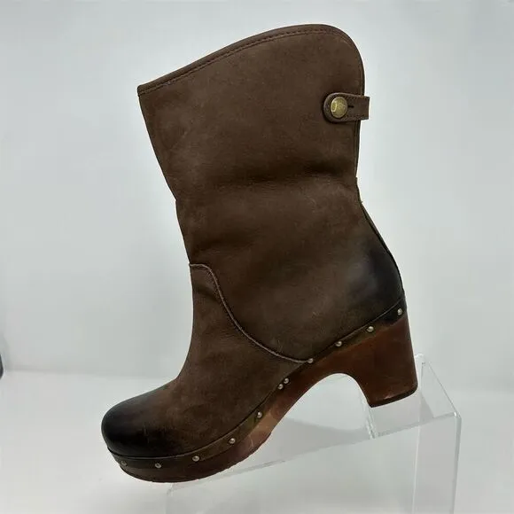 UGG Lynnea Brown Leather Sheepskin Lined Clog Studded Heeled Boots Size 8