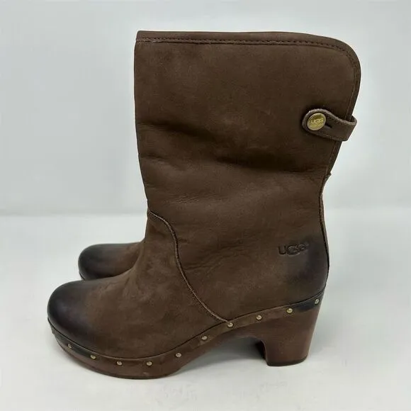 UGG Lynnea Brown Leather Sheepskin Lined Clog Studded Heeled Boots Size 8