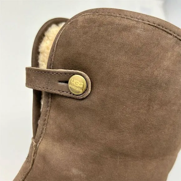 UGG Lynnea Brown Leather Sheepskin Lined Clog Studded Heeled Boots Size 8