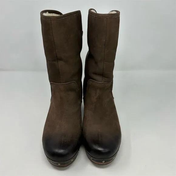 UGG Lynnea Brown Leather Sheepskin Lined Clog Studded Heeled Boots Size 8
