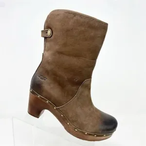 UGG Lynnea Brown Leather Sheepskin Lined Clog Studded Heeled Boots Size 8