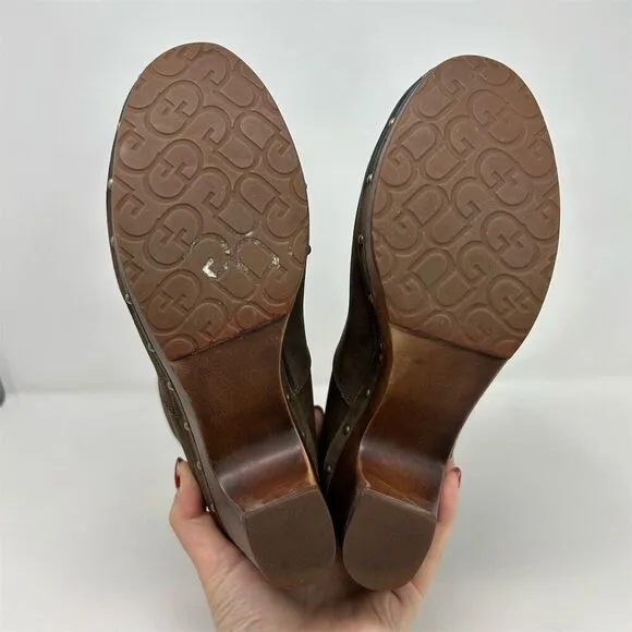 UGG Lynnea Brown Leather Sheepskin Lined Clog Studded Heeled Boots Size 8