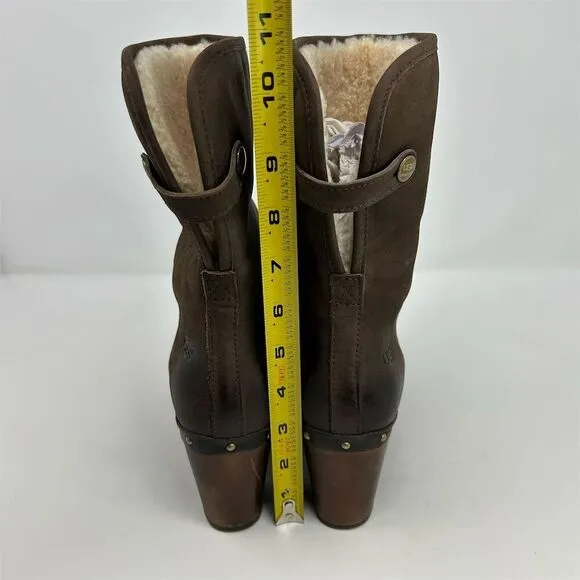 UGG Lynnea Brown Leather Sheepskin Lined Clog Studded Heeled Boots Size 8