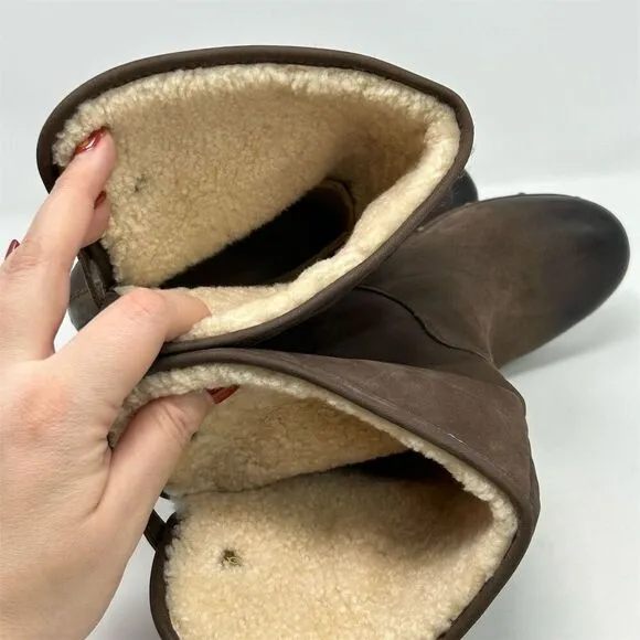 UGG Lynnea Brown Leather Sheepskin Lined Clog Studded Heeled Boots Size 8