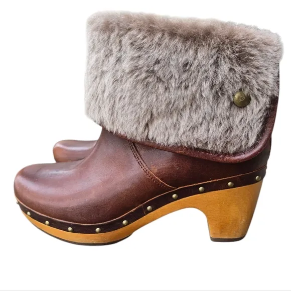 UGG Lynnea II Sheepskin Studded Clog Boots, Size 7M, Chestnut
