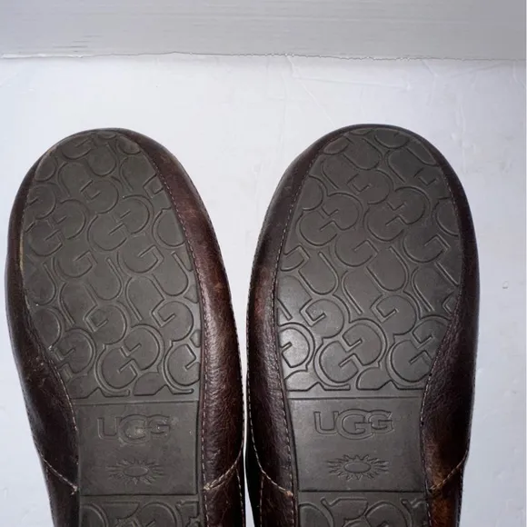 UGG Men’s Brown &amp; Tan Ascot Leather Casual Slippers with Wool Lining- Size 11