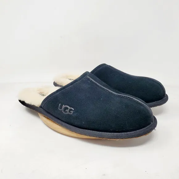 UGG Scuff Slippers Mens 11 Black Leather Slip On Shoes Shearling Lined Mule