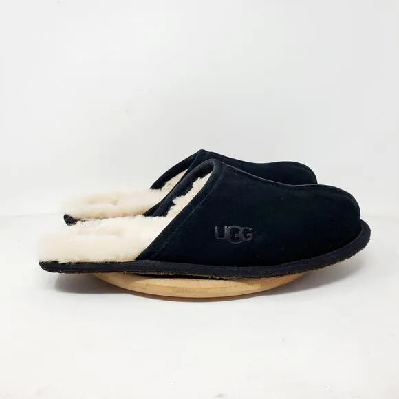 UGG Scuff Slippers Mens 11 Black Leather Slip On Shoes Shearling Lined Mule