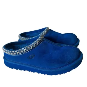 UGG Slippers Boys Size 2 Blue Suede Sheepskin Lined Tasman II Kids Slip On Shoes