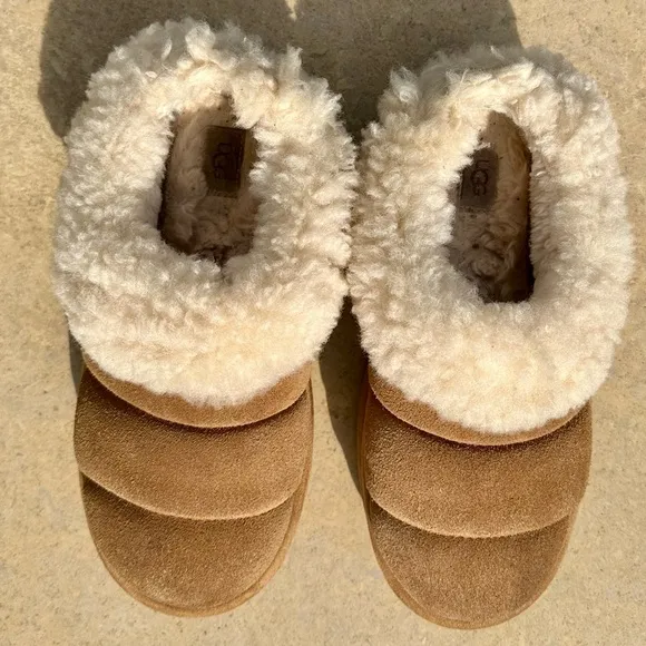 UGG Tazzlita Chestnut Suede Shearling lined platform slippers - Size 7 Women’s