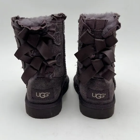 UGG Toddler Girl Bailey Bow II Ruffles Boots Gray Suede &amp; Sheepskin Size 7