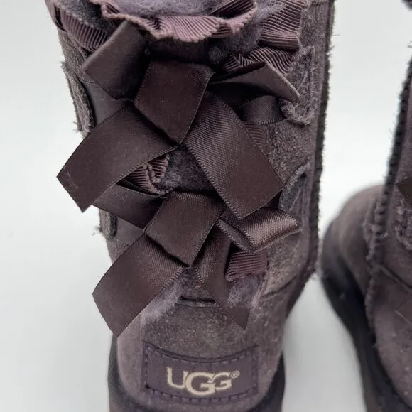 UGG Toddler Girl Bailey Bow II Ruffles Boots Gray Suede &amp; Sheepskin Size 7
