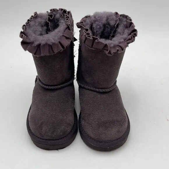 UGG Toddler Girl Bailey Bow II Ruffles Boots Gray Suede &amp; Sheepskin Size 7