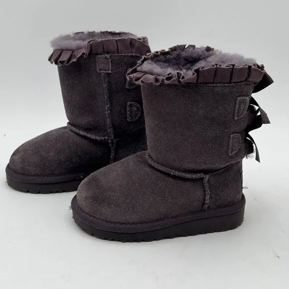 UGG Toddler Girl Bailey Bow II Ruffles Boots Gray Suede &amp; Sheepskin Size 7