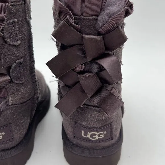 UGG Toddler Girl Bailey Bow II Ruffles Boots Gray Suede &amp; Sheepskin Size 7