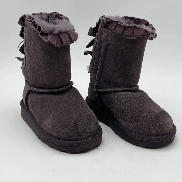 UGG Toddler Girl Bailey Bow II Ruffles Boots Gray Suede &amp; Sheepskin Size 7