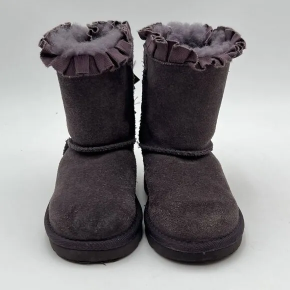 UGG Toddler Girl Bailey Bow II Ruffles Boots Gray Suede &amp; Sheepskin Size 7