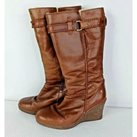 UGG AUSTRALIA MAXENE 1942 WEDGE BOOTS SIZE 8 BROWN LEATHER SHEEPSKIN