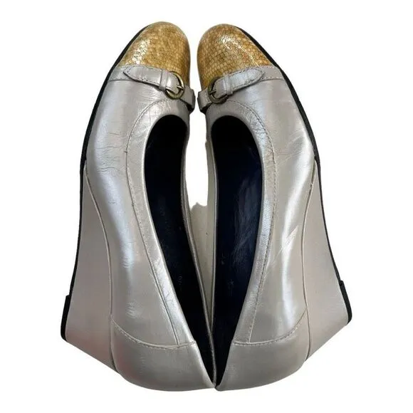 Vaneli Women's Cap Toe Slip On Pumps Wedge Heels Shoes Ivory White Gold Size 6.5