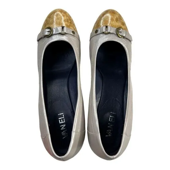 Vaneli Women's Cap Toe Slip On Pumps Wedge Heels Shoes Ivory White Gold Size 6.5