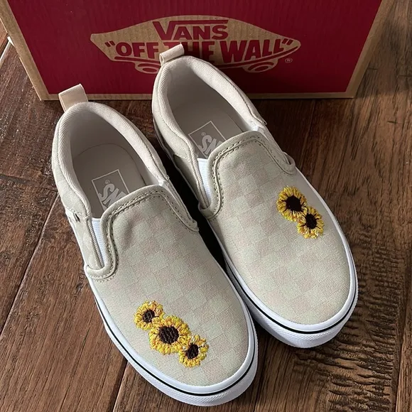 Vans Asher Checkerboard Embroidered Sunflower Girls Size 13