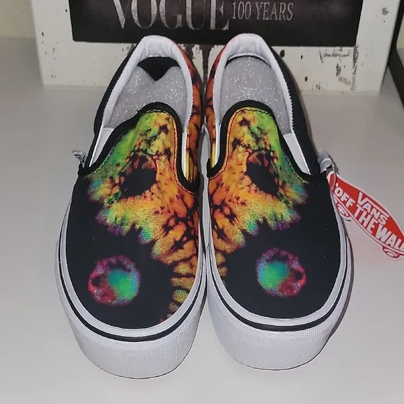 Vans Black and Orange Slip-On Platform Sneakers with Psychedelic Design