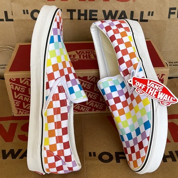 Vans Classic Slip On Checkerboard Rainbow/True White sneakers WMNS