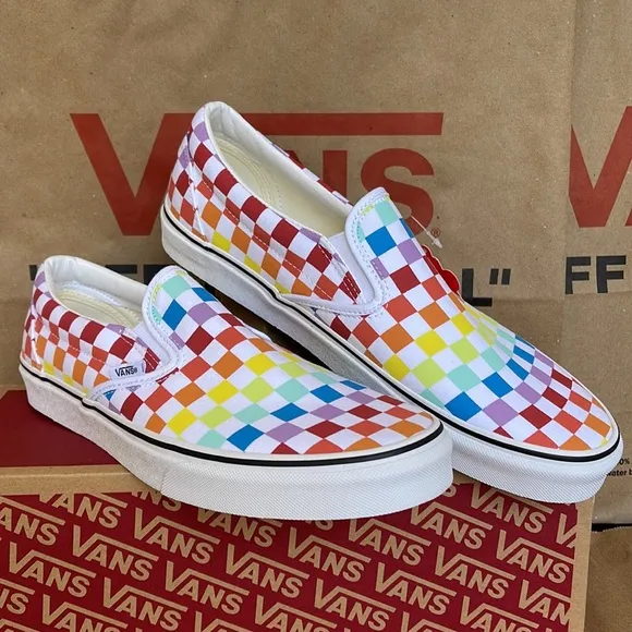 Vans Classic Slip On Checkerboard Rainbow/True White sneakers WMNS