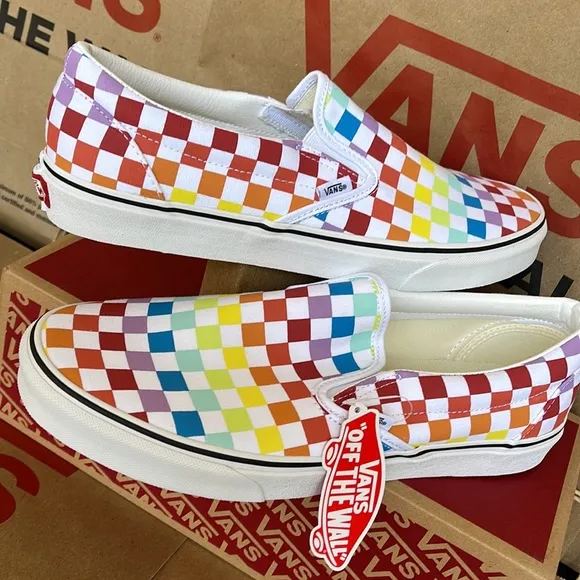 Vans Classic Slip On Checkerboard Rainbow/True White sneakers WMNS