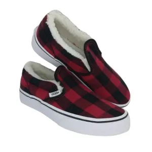VANS Classic Slip-on Kids NEW w/Tags Red/Black Plaid Sherpa Sneakers - sz. 1 1/2
