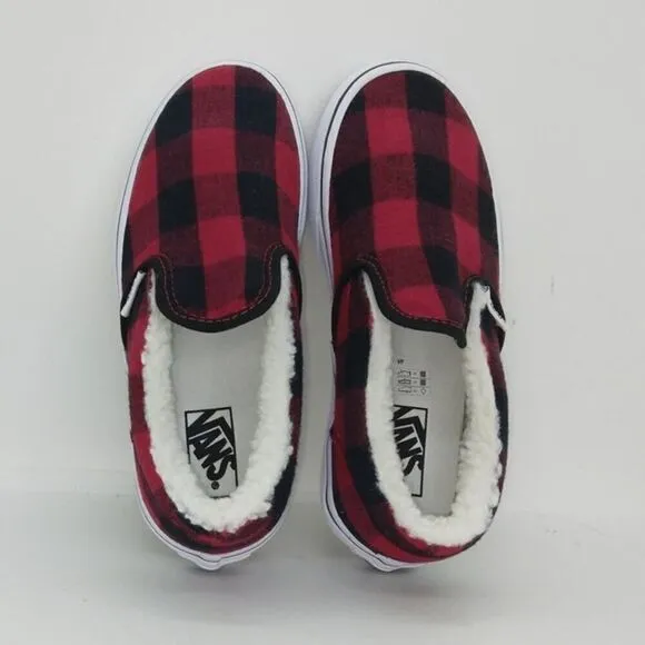 VANS Classic Slip-on Kids NEW w/Tags Red/Black Plaid Sherpa Sneakers - sz. 1 1/2